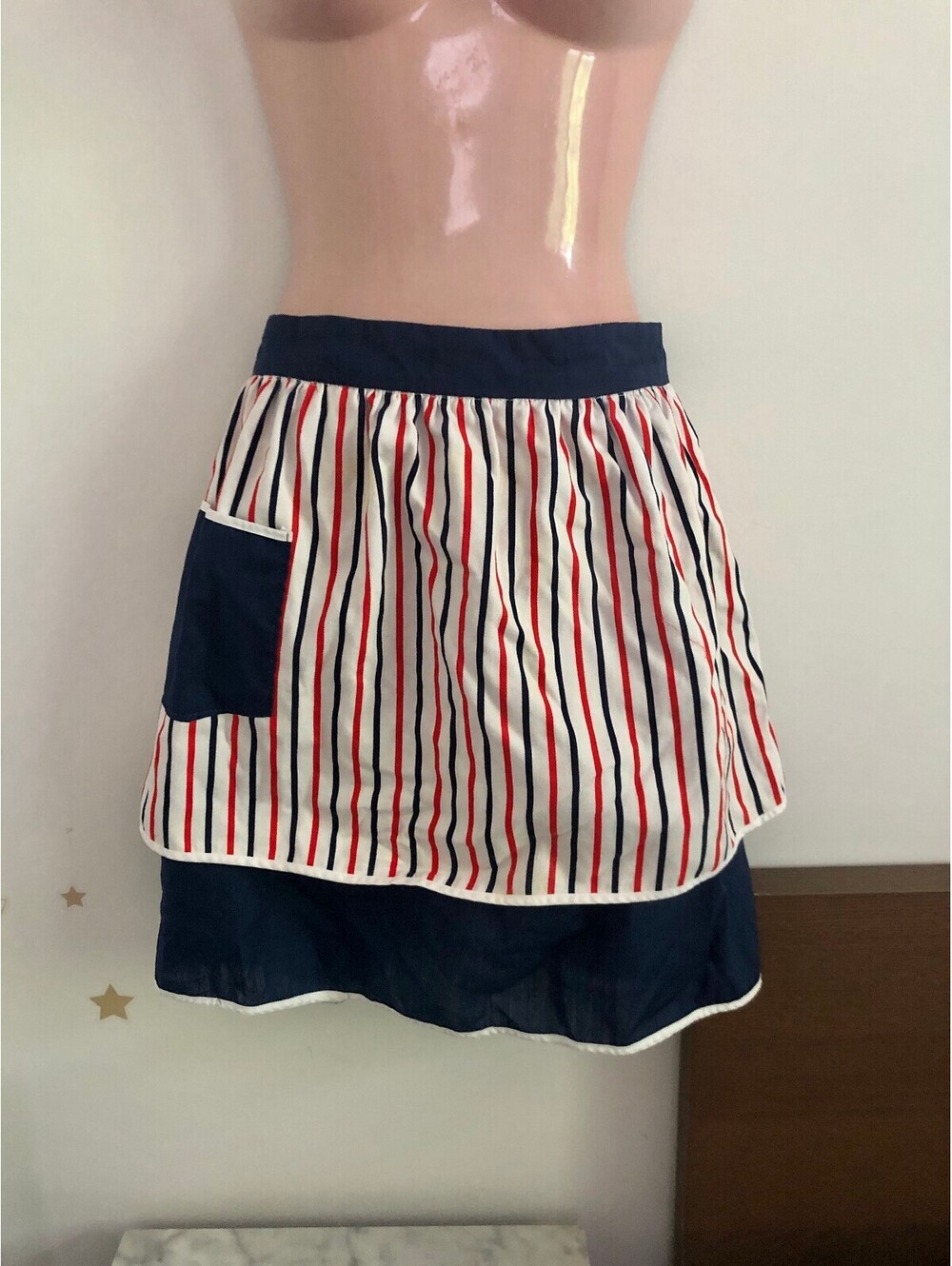 Nautical Apron Reversible Double-Sided Navy Blue Red Vertical Stripes Costume